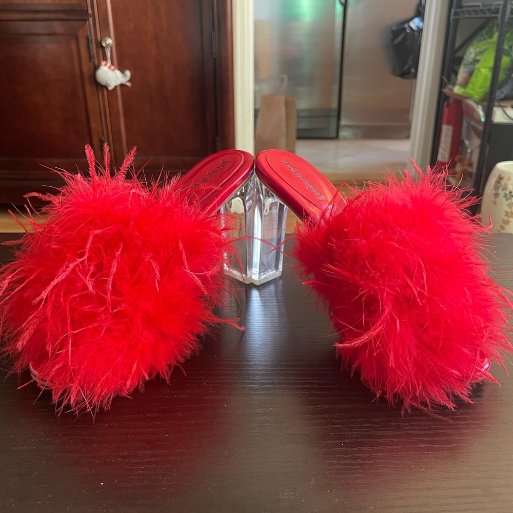 Jeffrey Campbell Daisy Boa Feather Heels LK! – Red, Lucite Heel — Size 9